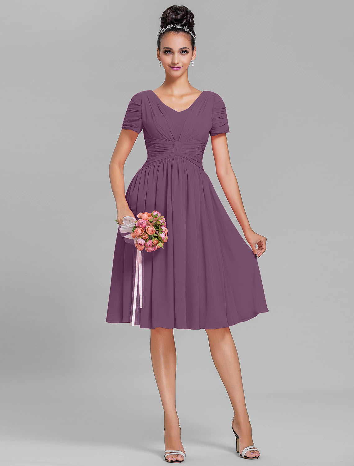 Wholesa  Sheath / Column Bridesmaid Dress V Neck Short Sleeve Vintage Inspired Knee Length Chiffon with Ruched / Drapin