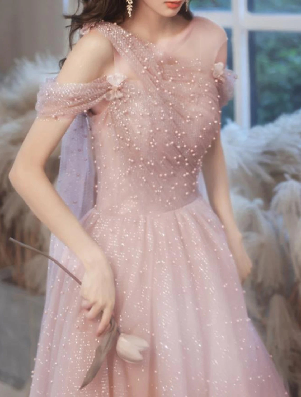 Wholesa A-Line Prom Dresses Elegant Dress Wedding Guest Engagement Floor Length Sleeveless Illusion Neck Tulle with Pleats Beading