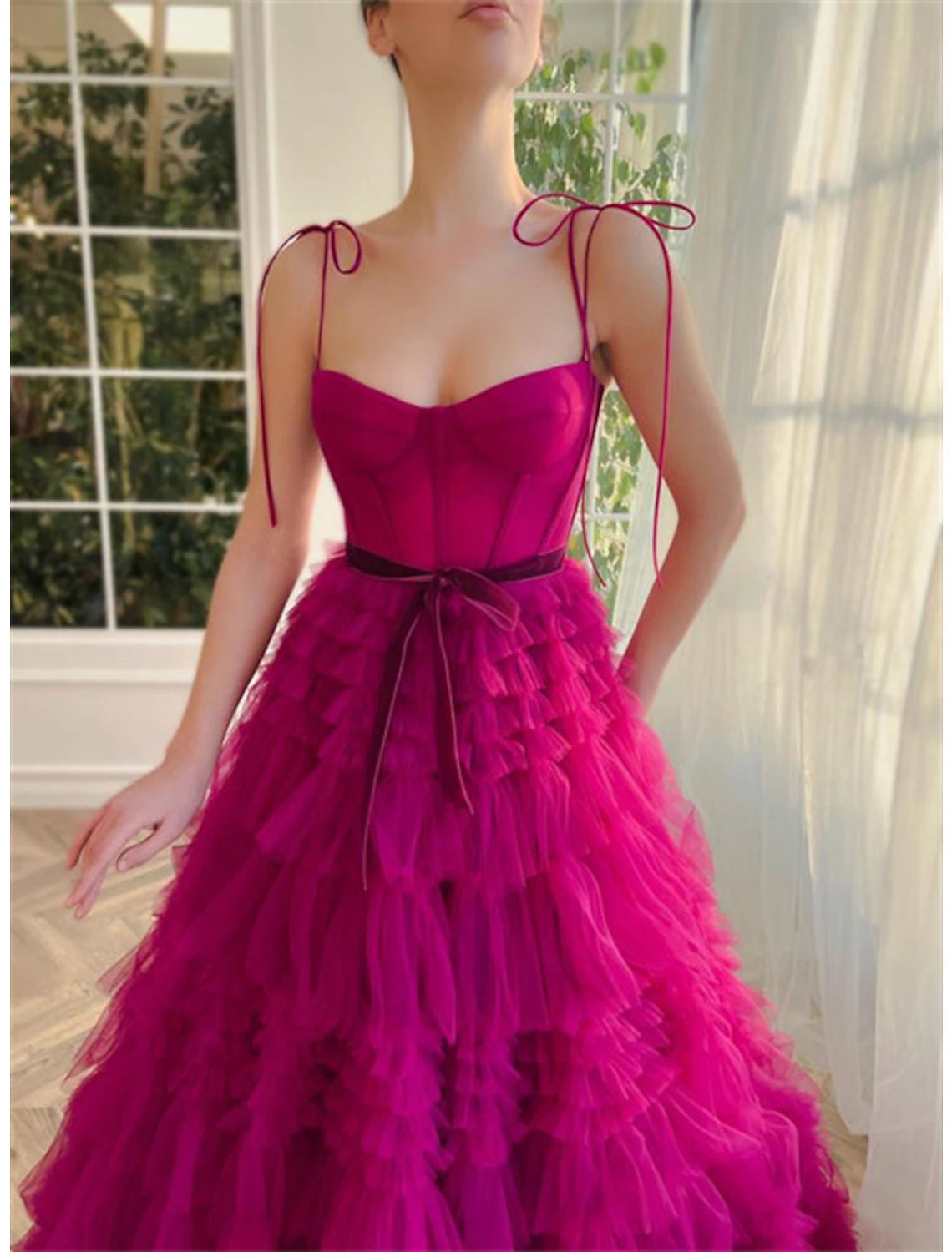Wholesa  Ball Gown Evening Gown Puffy Dress Wedding Party Birthday Floor Length Sleeveless Spaghetti Strap Tulle with Ruffles Strappy