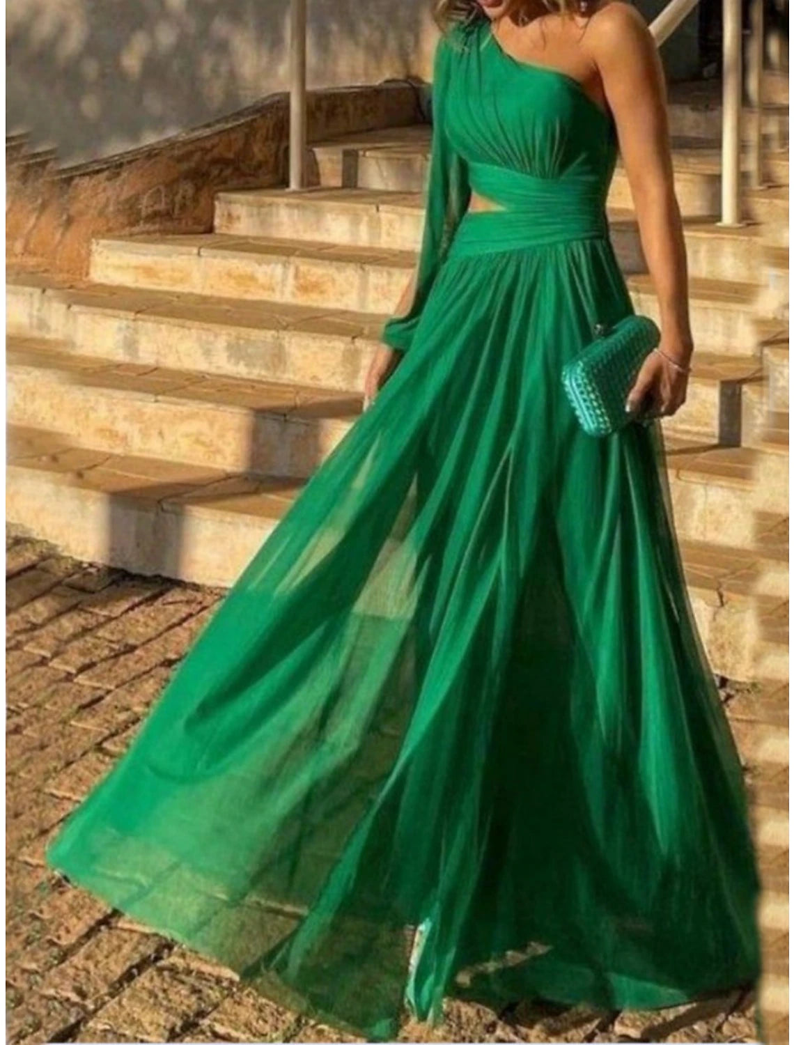 Wholesa Sheath Red Green Dresses Elegant Dress Birthday Floor Length Sleeveless One Shoulder Chiffon with Glitter Bow(s) Pleats