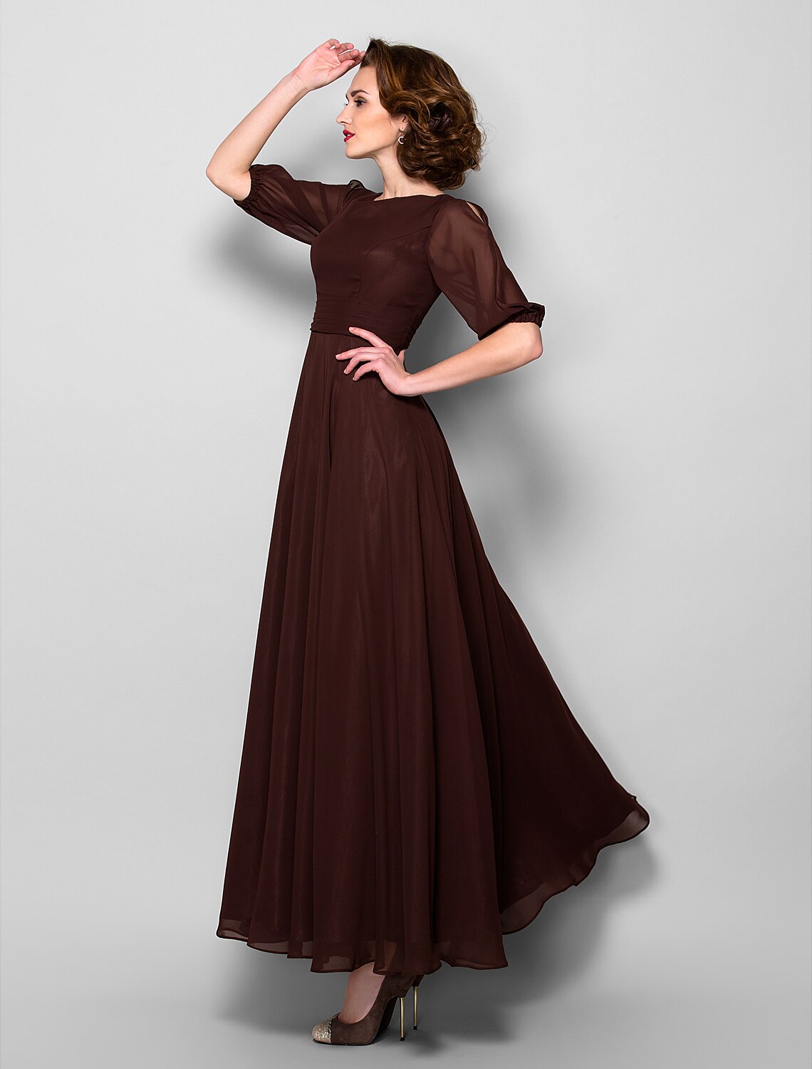 wholesale  A-Line Mother of the Bride Dress Elegant Jewel Neck Ankle Length Chiffon Half Sleeve with Sash / Ribbon Ruched