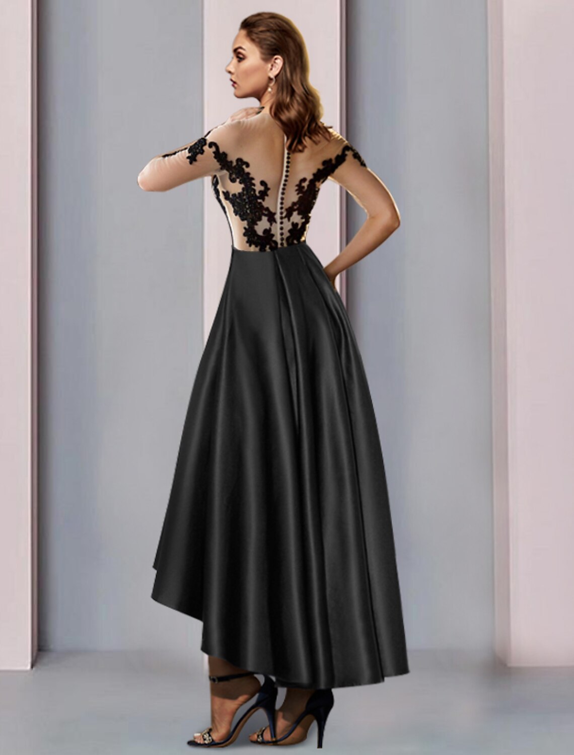 wholesale  A-Line Mother of the Bride Dress Wedding Guest Vintage Elegant Illusion Neck Asymmetrical Satin Lace Half Sleeve with Pleats