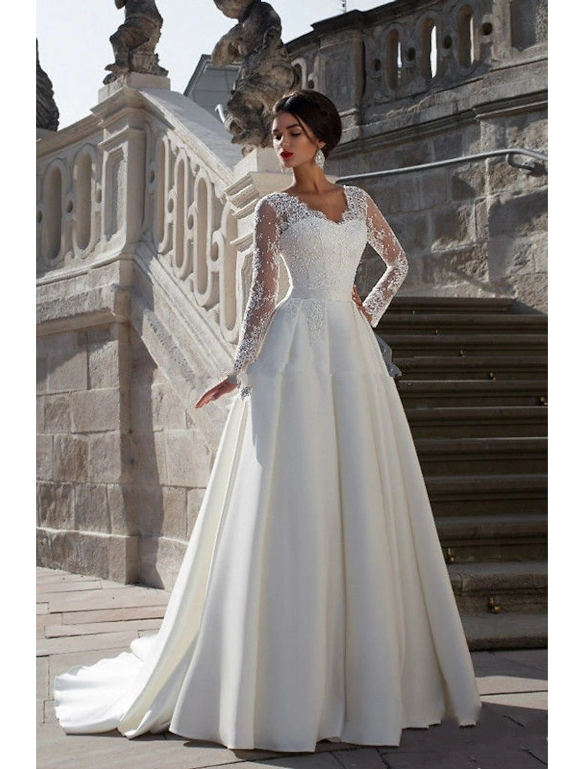 wholesale  Engagement Formal Fall Wedding Dresses A-Line V Neck Long Sleeve Court Train Satin Bridal Gowns With Appliques