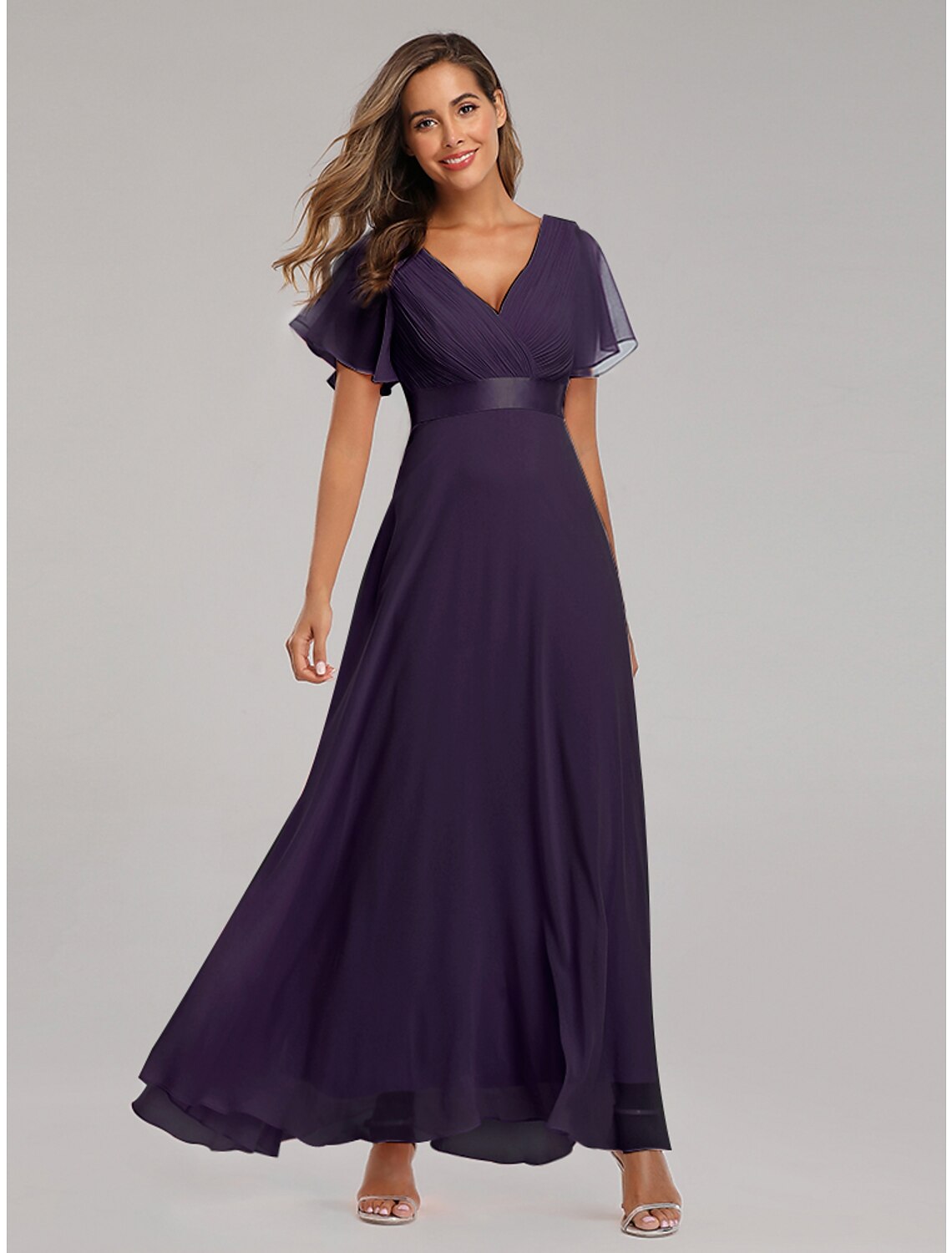 Wholesa A-Line Prom Dresses Empire Dress Wedding Guest Prom Floor Length Short Sleeve V Neck Bridesmaid Dress Chiffon with Pleats