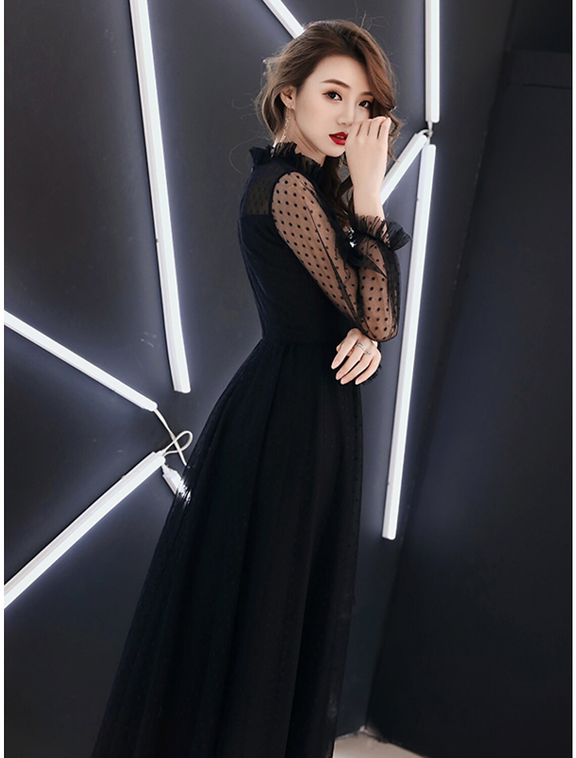 Wholesa A-Line Black Dress Elegant Party Wear Prom Dress High Neck Long Sleeve Floor Length Lace with Ruffles