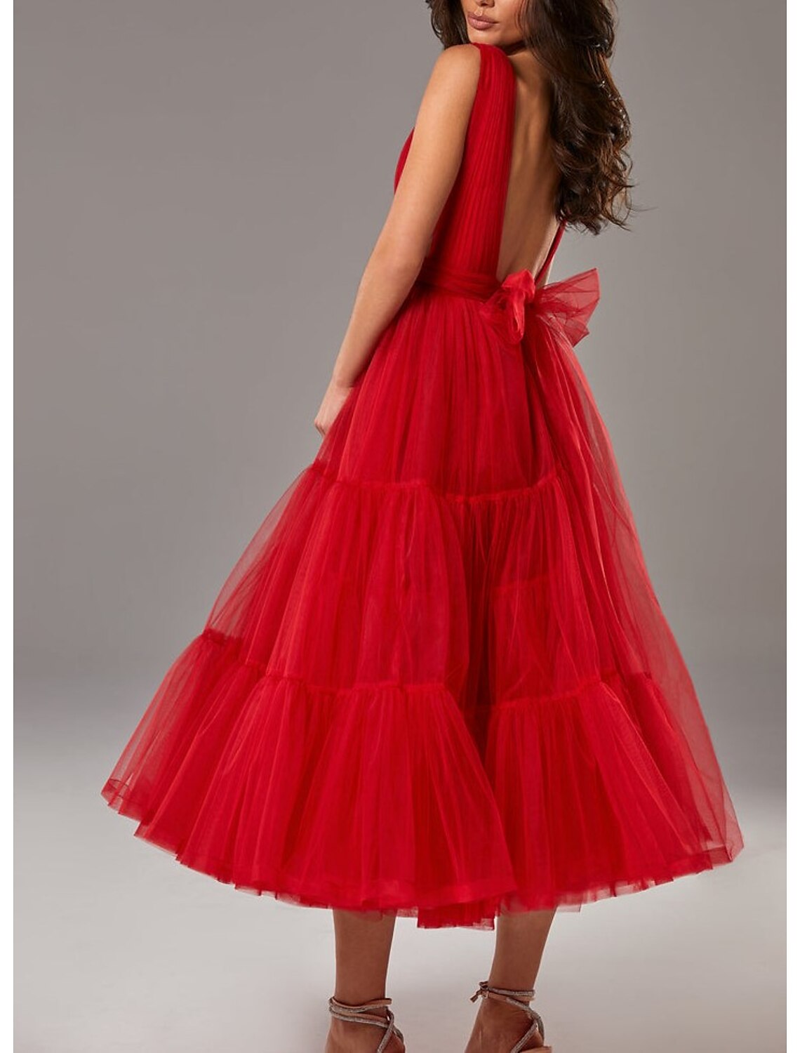 wholesale  A-Line Prom Dresses Princess Dress Wedding Guest Prom Tea Length Sleeveless V Neck Tulle with Bow(s) Pleats