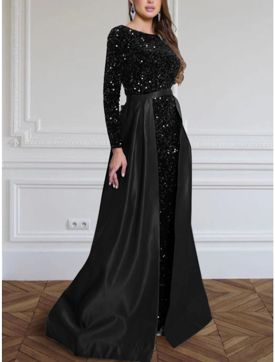 Wholesa A-Line Evening Gown Elegant Dress Formal Fall Sweep / Brush Train Long Sleeve Jewel Neck Sequined with Glitter Pleats