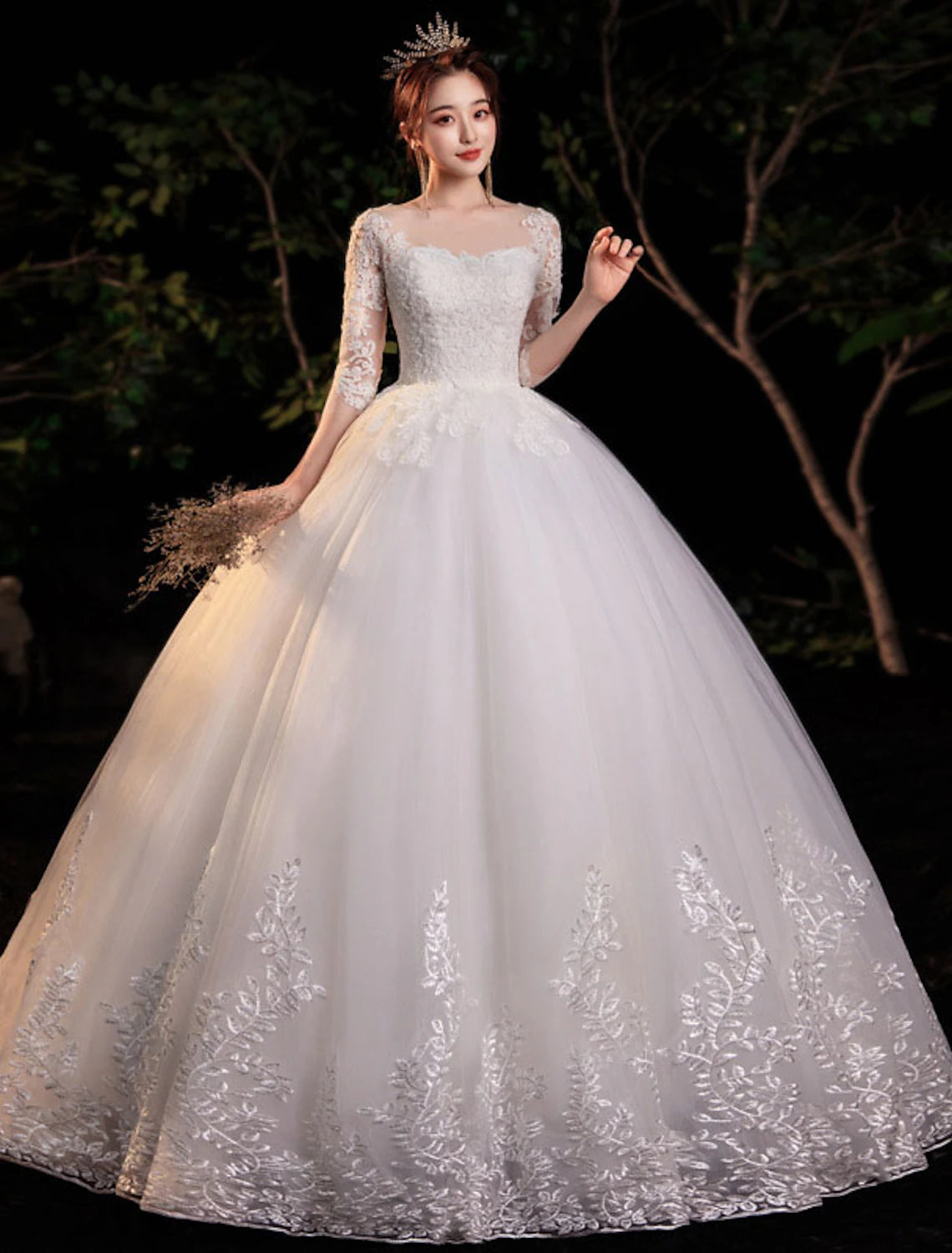 wholesale  Reception Formal Wedding Dresses Ball Gown Illusion Neck Half Sleeve Floor Length Lace Bridal Gowns With Appliques