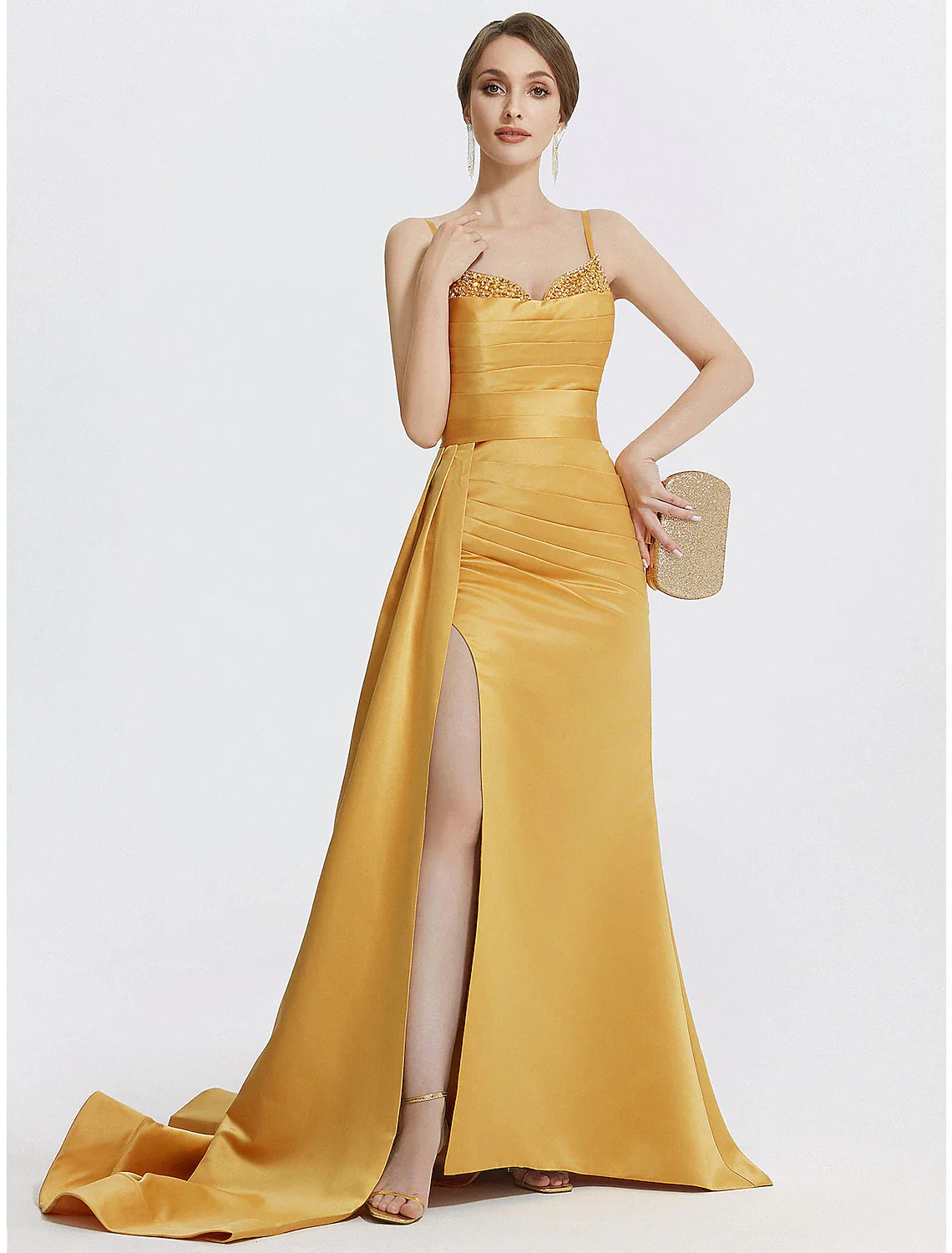 Wholesa A-Line Evening Gown Sparkle Dress Wedding Prom Sweep / Brush Train Sleeveless Spaghetti Strap Satin with Rhinestone Ruched