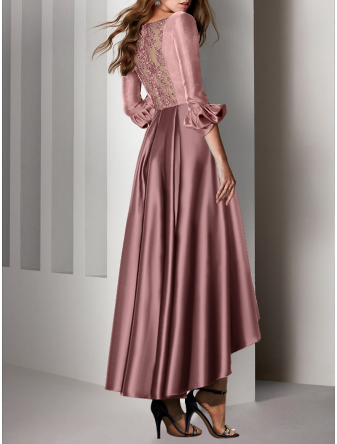 Wholesa A-Line Cocktail Dresses Elegant Dress Wedding Guest Birthday Asymmetrical 3/4 Length Sleeve V Neck Satin with Bow(s) Pleats