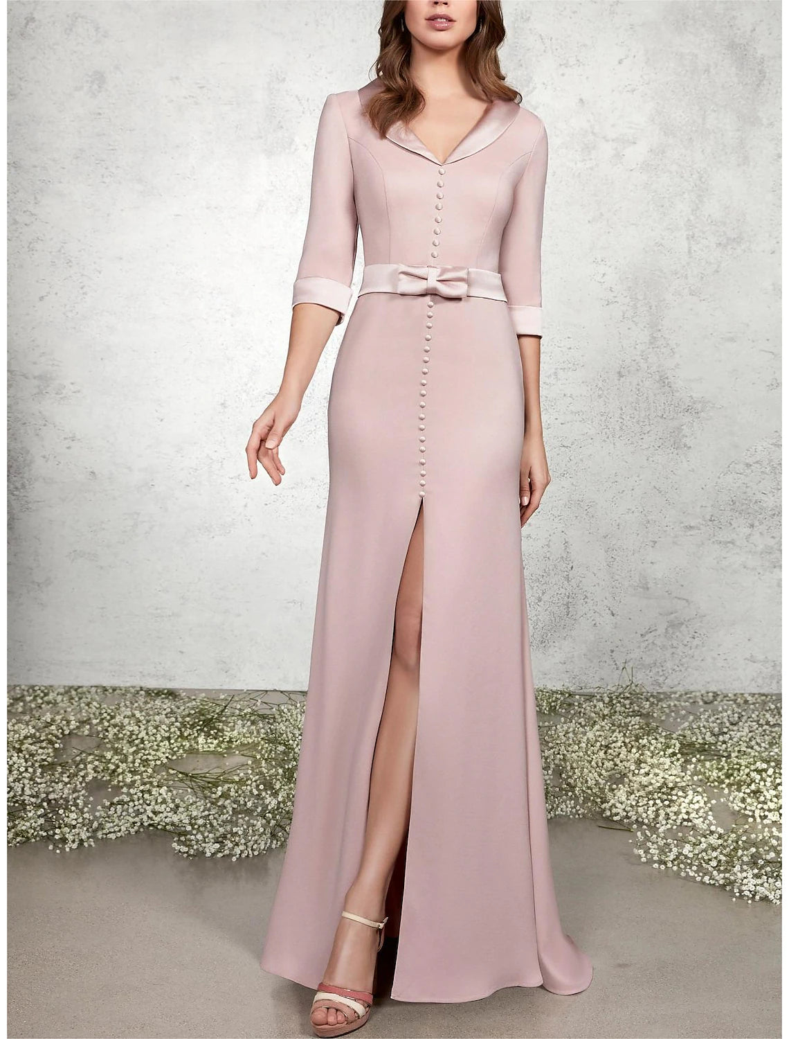 Wholesa  A-Line Mermaid / Trumpet Mother of the Bride Dress Formal Wedding Guest Elegant V Neck Floor Length Chiffon Satin Half Sleeve with Sash / Ribbon Bow(s) Buttons