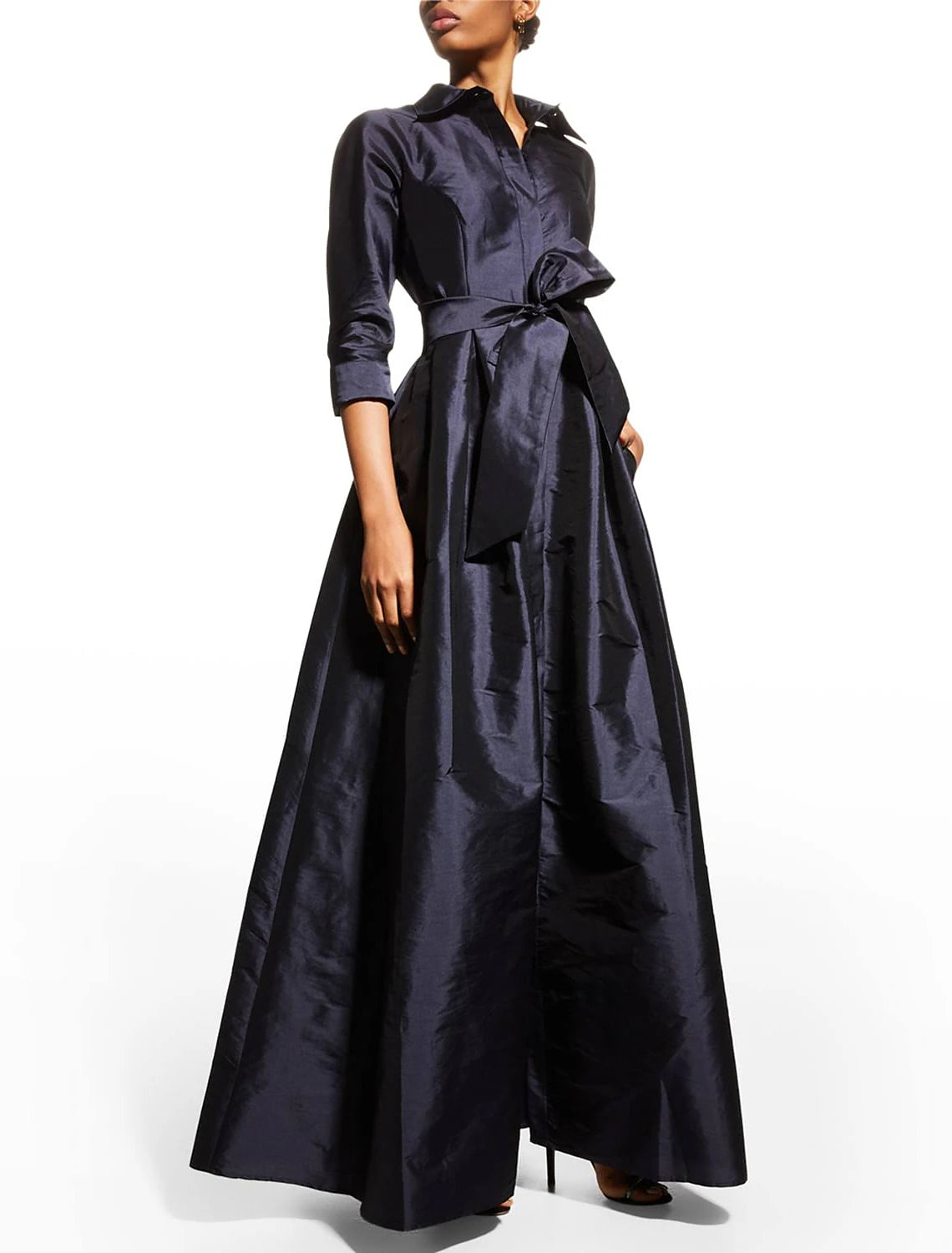 Wholesa A-Line Evening Gown Elegant Dress Wedding Guest Floor Length 3/4 Length Sleeve Shirt Collar Pocket Taffeta with Pocket Strappy