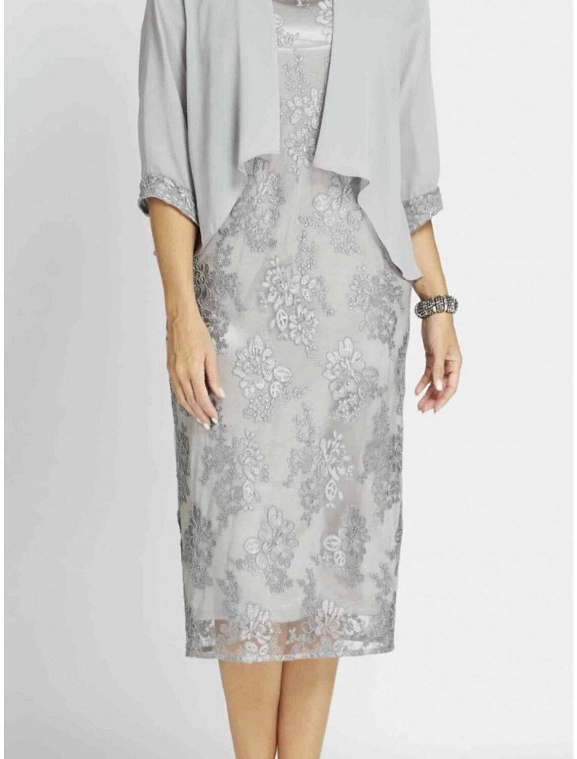 Wholesa Sheath / Column Mother of the Bride Dress Wedding Guest Elegant Petite Scoop Neck Tea Length Chiffon Half Sleeve with Ruching Solid Color