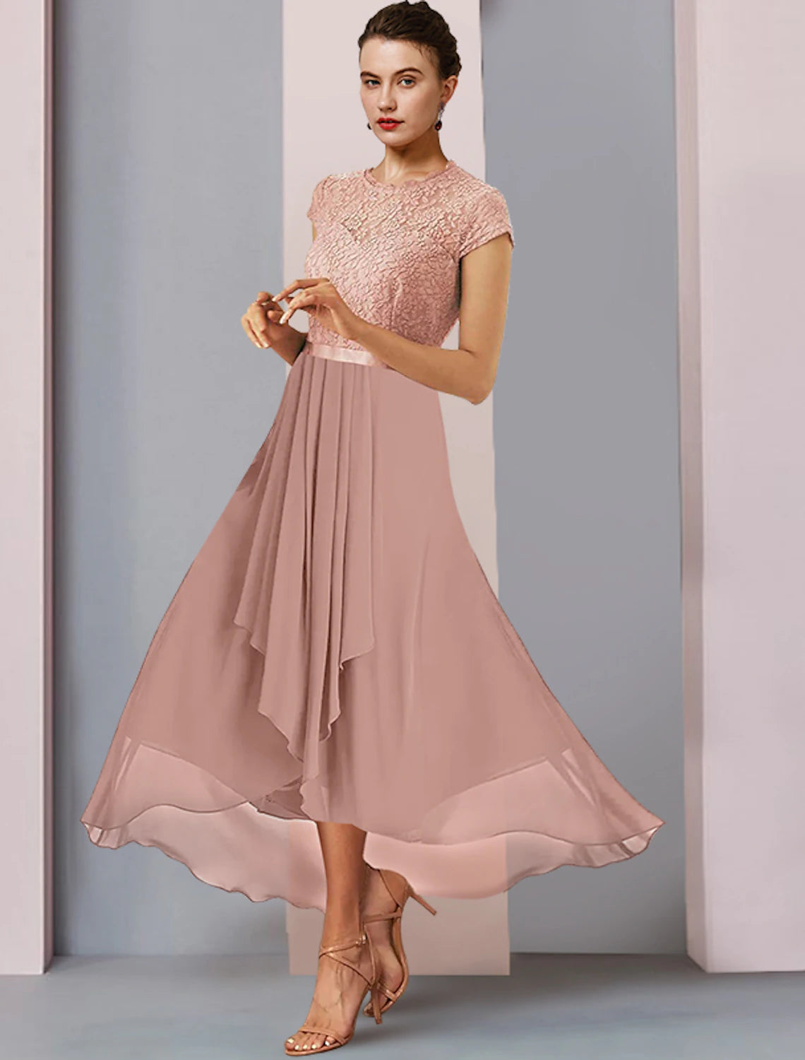 wholesale  A-Line Mother of the Bride Dress Formal Wedding Guest Elegant High Low Scoop Neck Asymmetrical Tea Length Chiffon Lace Short Sleeve with Pleats