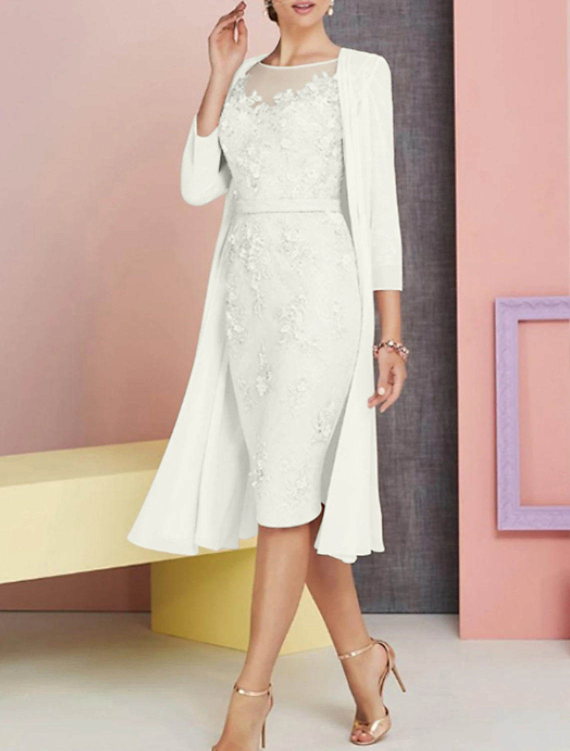 Wholesa Two Piece Sheath / Column Mother of the Bride Dress Wedding Guest Church Elegant Vintage Plus Size Bateau Neck Knee Length Chiffon Lace 3/4 Length Sleeve Jacket Dresses with Appliques