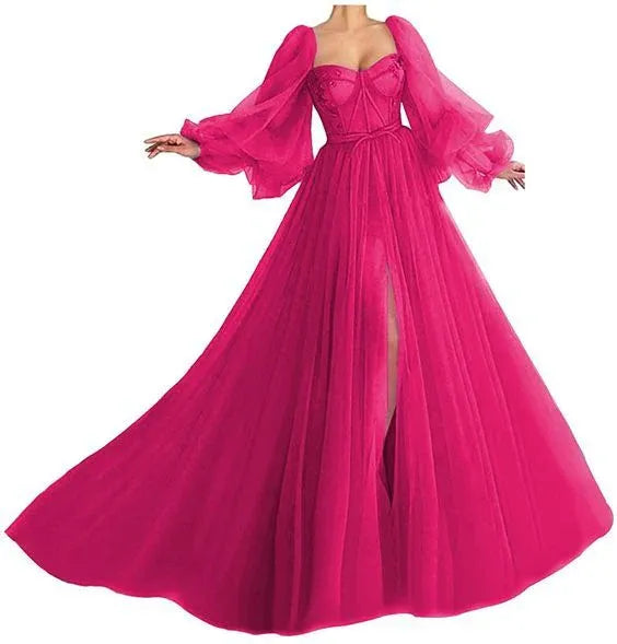 Puffy‑Long‑Sleeve Fuchsia‑Tulle Corset‑Bodice High‑Slit A‑Line Prom Dress