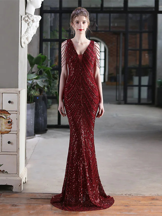 Wholesa Mermaid / Trumpet Evening Gown Sexy Dress Formal Floor Length Sleeveless V Neck Sequined with Sequin Tassel