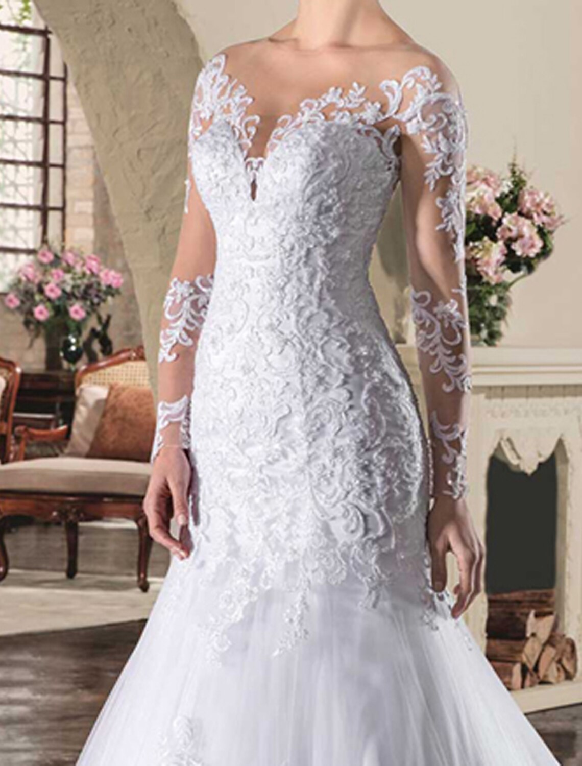 wholesale  White  Engagement Open Back Formal Fall Wedding Dresses Mermaid / Trumpet Illusion Neck Long Sleeve Court Train Lace Bridal Gowns With Appliques
