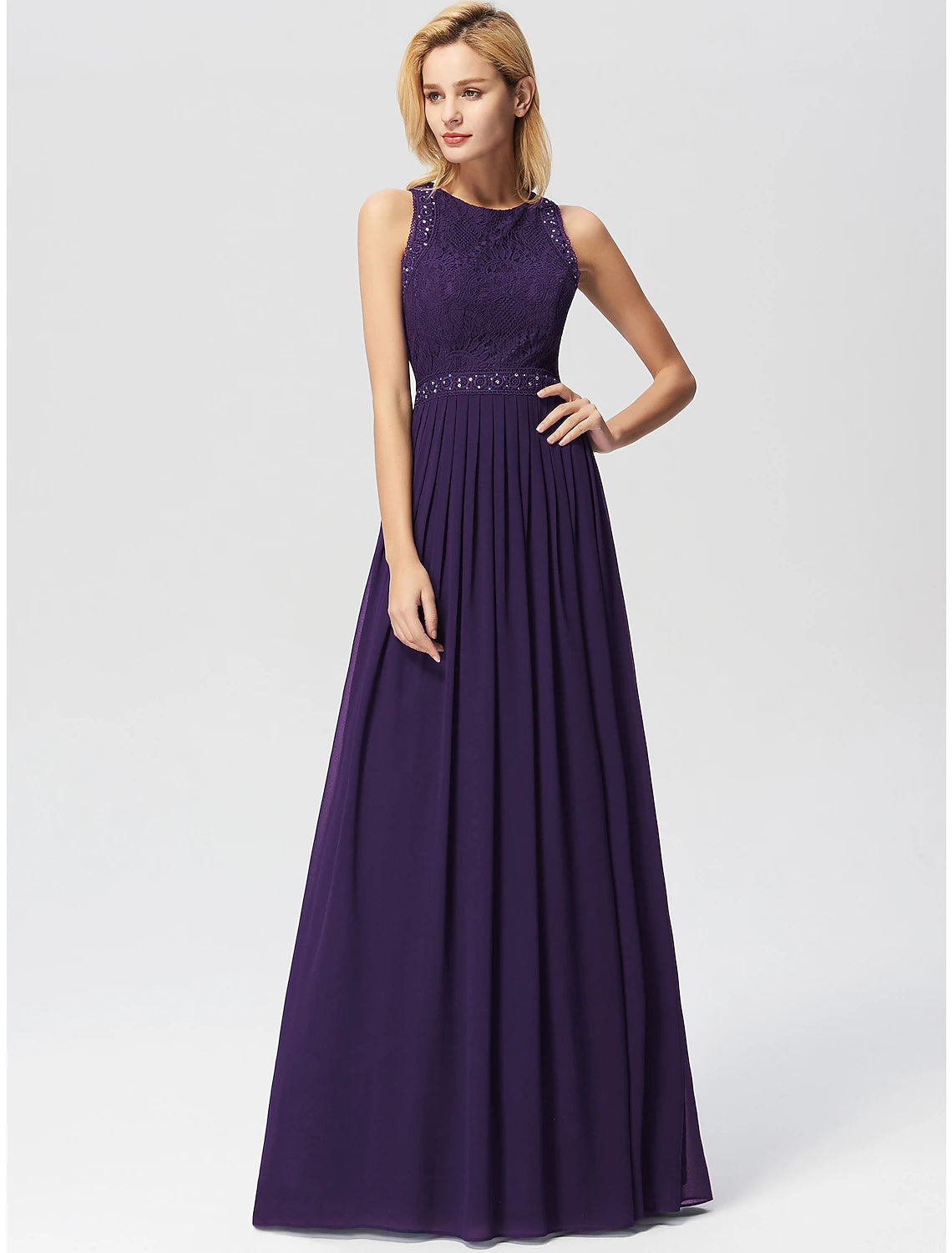 wholesa A-Line Prom Dresses Maxi Dress Wedding Guest Prom Floor Length Sleeveless Jewel Neck Bridesmaid Dress Chiffon with Pleats Lace Insert