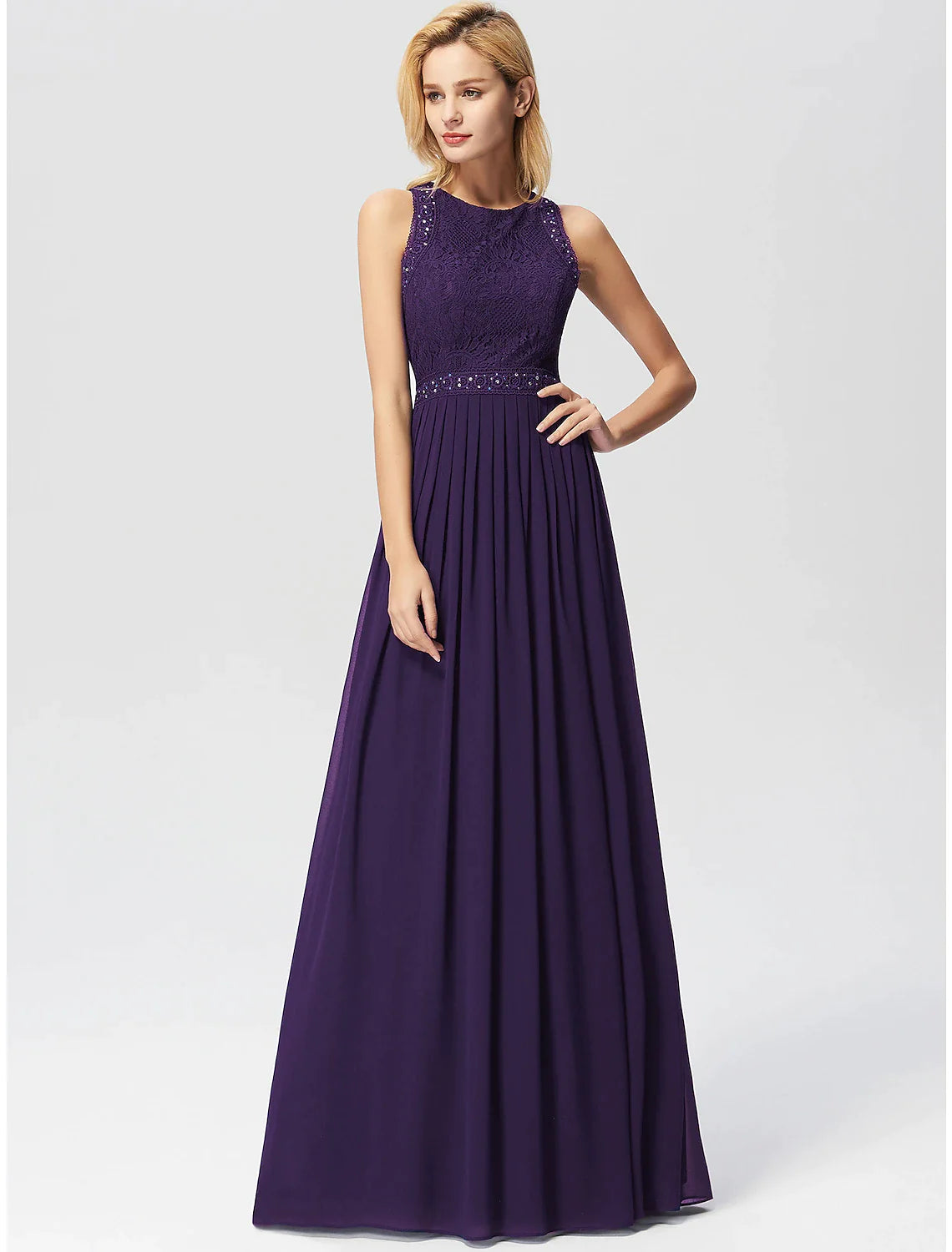 Wholesa A-Line Prom Dresses Maxi Dress Wedding Guest Floor Length Sleeveless Jewel Neck Chiffon with Pleats Lace Insert