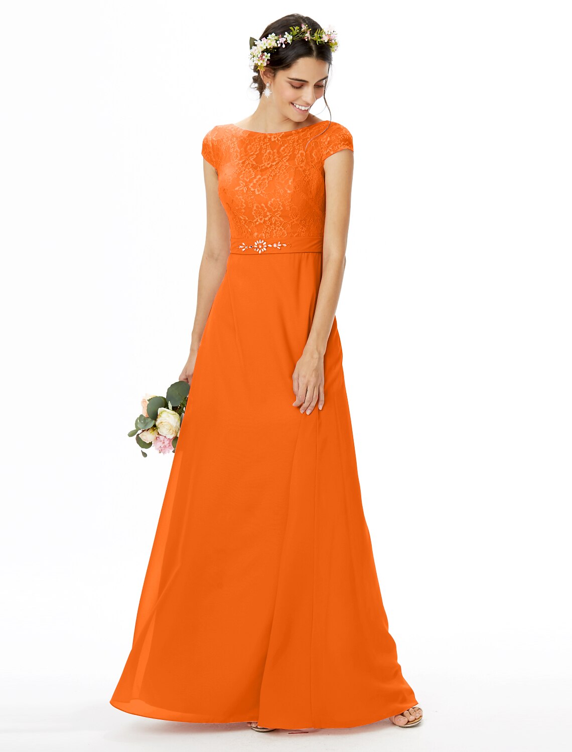 wholesale   Sheath / Column Bridesmaid Dress Bateau Neck Short Sleeve Elegant Floor Length Chiffon / Lace with Lace / Sash / Ribbon / Bow(s)