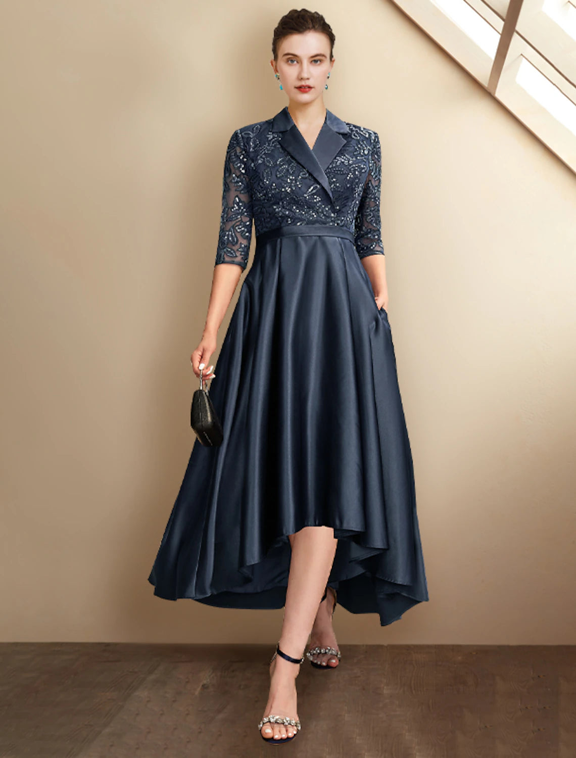 wholesale  A-Line Mother of the Bride Dress Plus Size Elegant High Low Shirt Collar Asymmetrical Tea Length Satin Lace Half Sleeve with Pleats Sequin Appliques