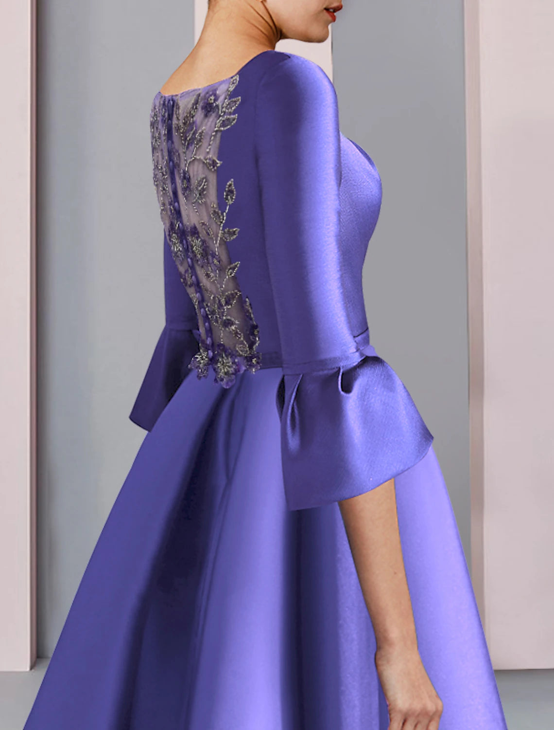 wholesale   A-Line Mother of the Bride Dress Formal Party Elegant Scoop Neck Floor Length Satin 3/4 Length Sleeve with Bow(s) Pleats Embroidery