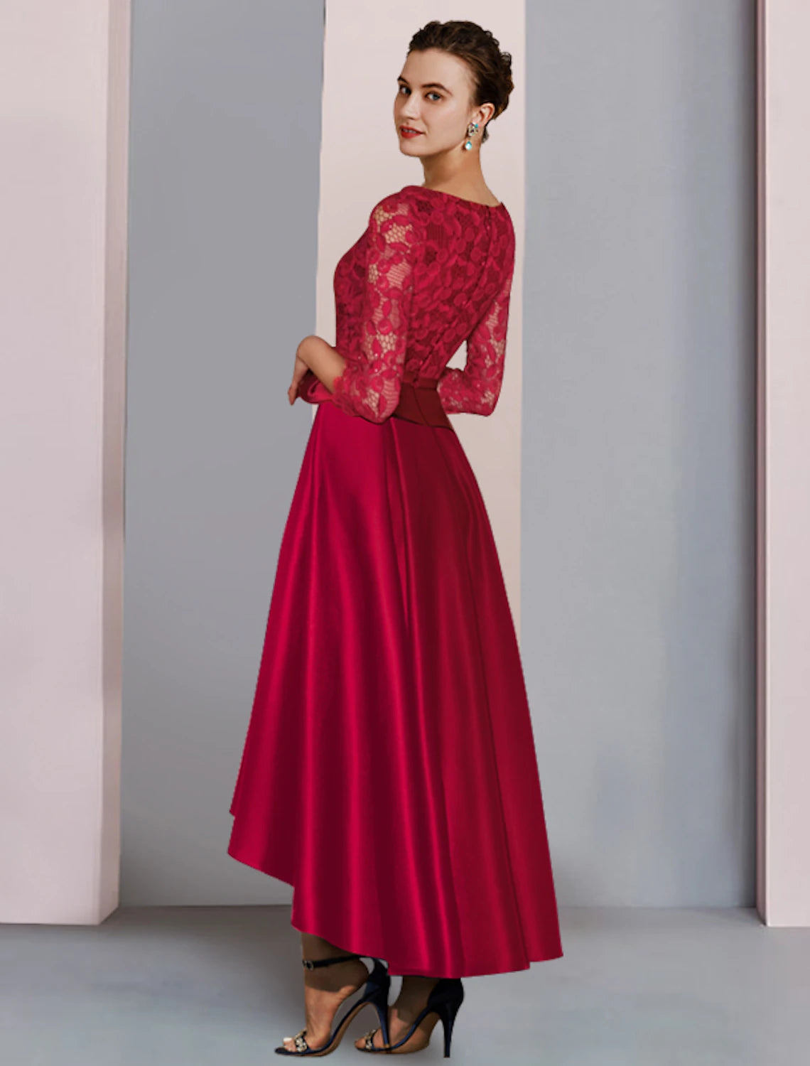 wholesale  A-Line Mother of the Bride Dress Formal Fall Wedding Guest Party Elegant High Low Scoop Neck Asymmetrical Tea Length Satin Lace 3/4 Length Sleeve with Bow(s) Pleats