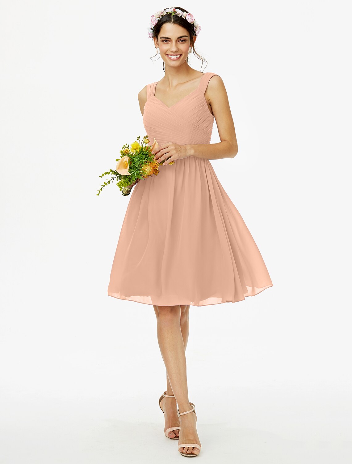 Wholesa  A-Line Bridesmaid Dress Straps Sleeveless Open Back Knee Length Chiffon with Sash / Ribbon / Bow(s) / Criss Cross