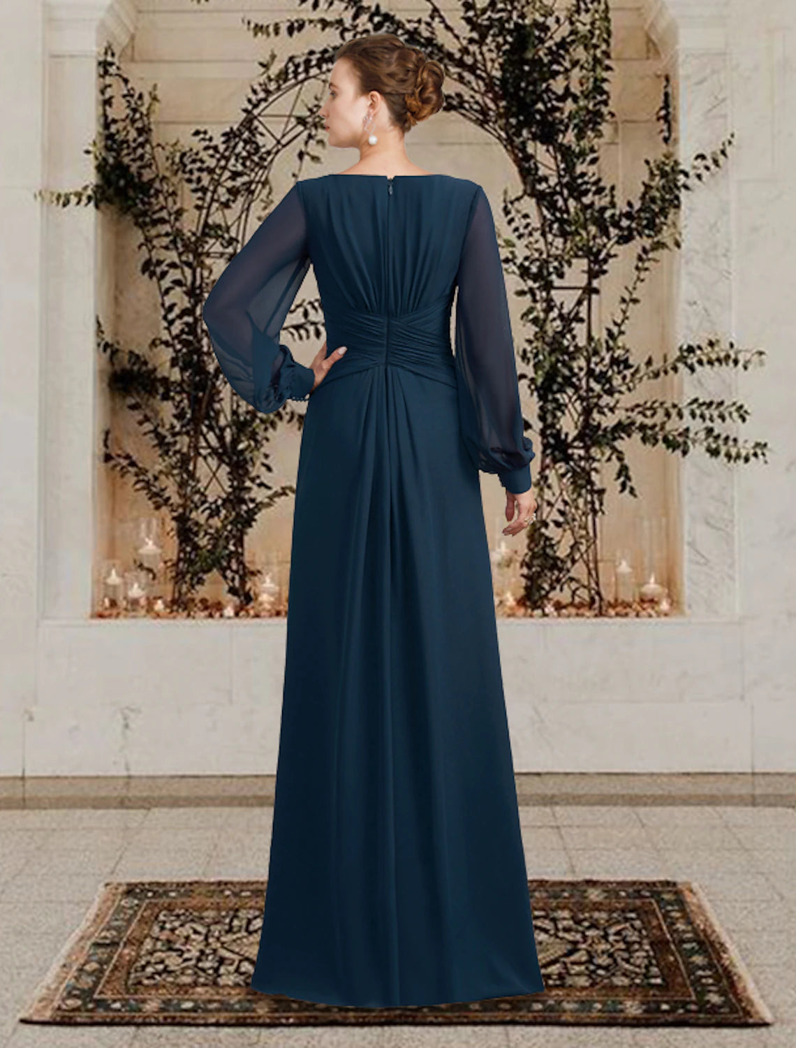 wholesale  A-Line Mother of the Bride Dress Wedding Guest Plus Size Elegant V Neck Floor Length Chiffon Long Sleeve with Ruched Ruffles Side-Draped Fall