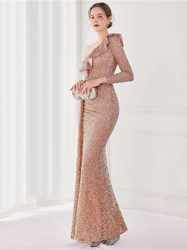 Wholesa Mermaid / Trumpet Evening Gown Elegant Dress Wedding Guest Floor Length Long Sleeve One Shoulder Sequined V Back with Sequin Slit