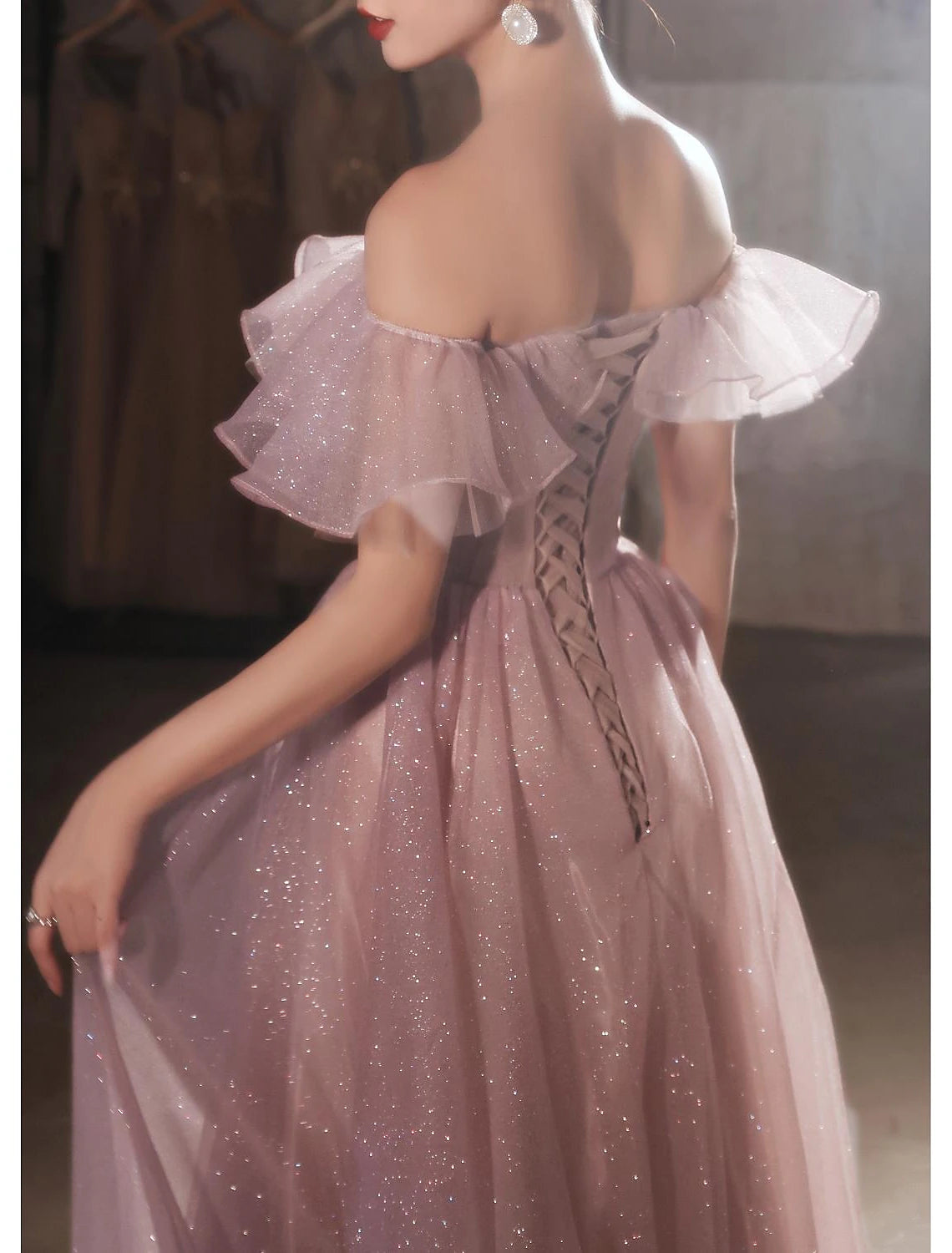 Wholesa A-Line Beautiful Back Elegant Prom Formal Evening Birthday Dress Off Shoulder Short Sleeve Floor Length Lace with Appliques