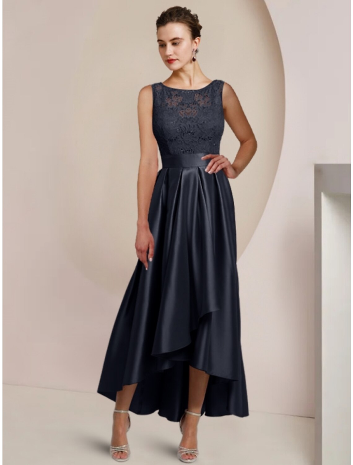 wholesale   Sheath / Column Mother of the Bride Dress Wedding Guest Minimalist Elegant Scoop Neck Asymmetrical Ankle Length Satin Lace Half Sleeve with Pleats Solid Color