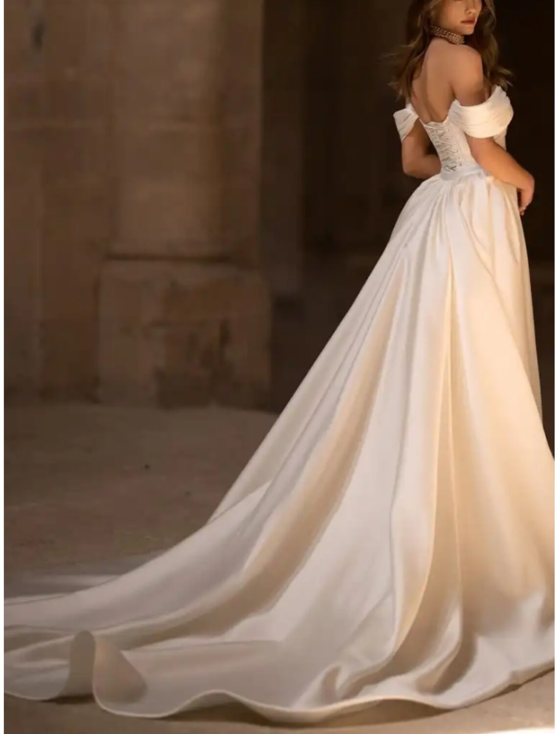 Wholesa Formal Wedding Dresses Mermaid / Trumpet Off Shoulder Sleeveless Court Train Satin Bridal Gowns With Pleats Solid Color