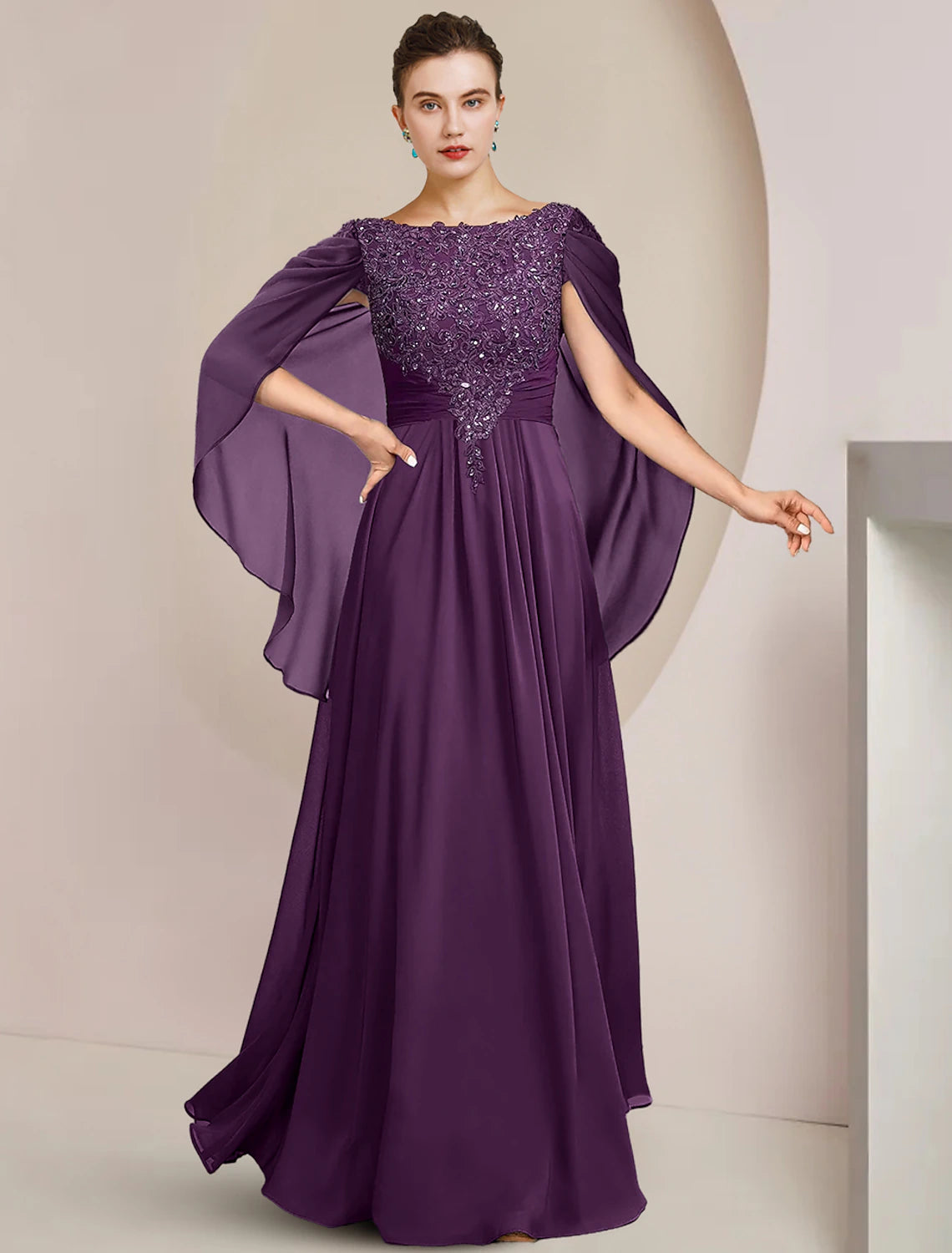 wholesale   A-Line Mother of the Bride Dress Formal Wedding Guest Elegant Scoop Neck Floor Length Chiffon Lace Sleeveless with Beading Sequin Appliques