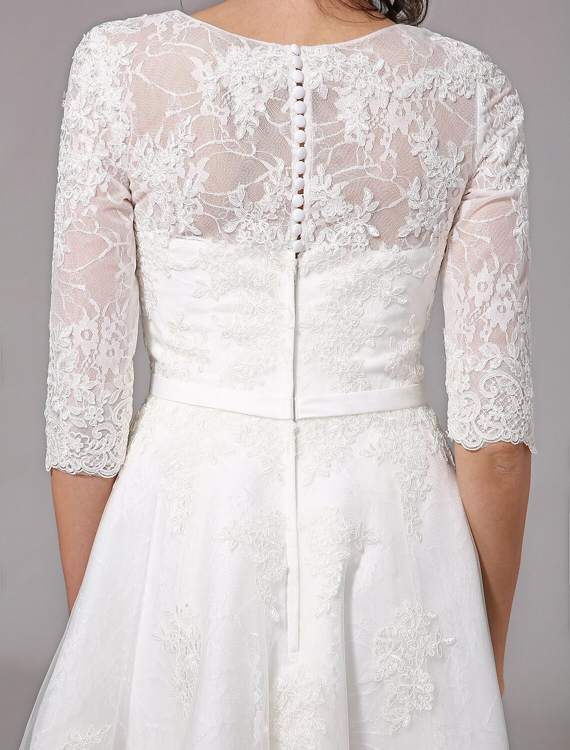wholesale  Reception Little White Dresses Wedding Dresses A-Line V Neck Half Sleeve Knee Length Lace Bridal Gowns With Bowknot Sash / Ribbon