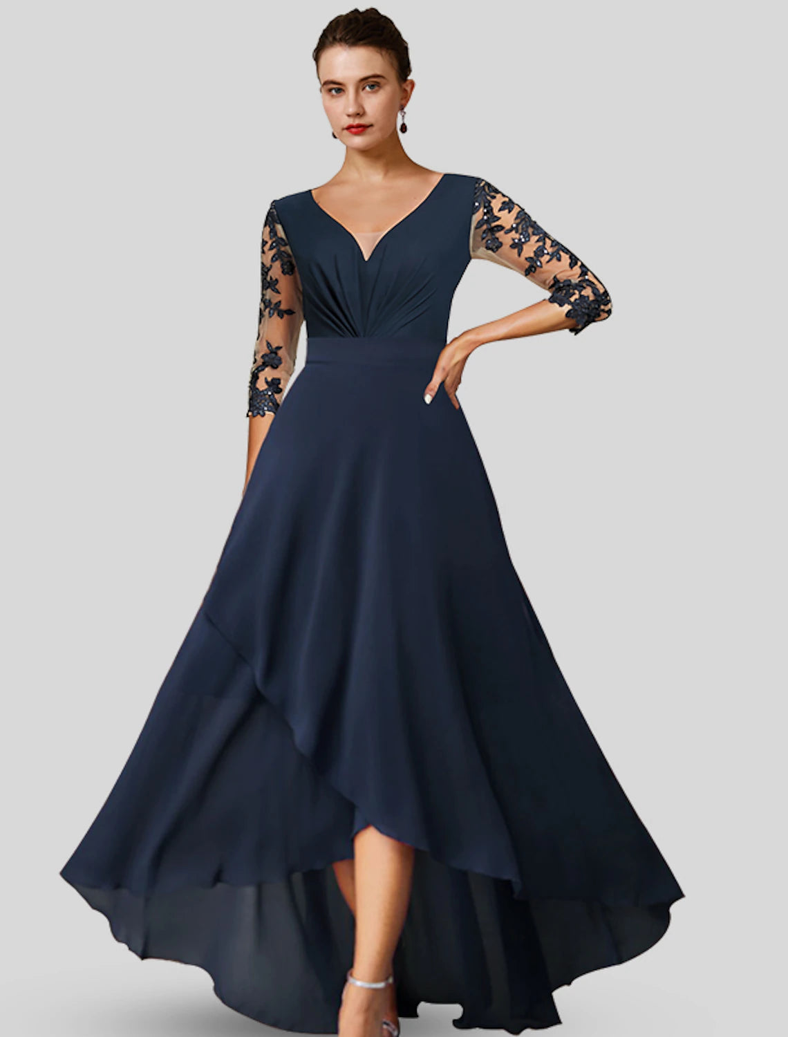 wholesale  A-Line Mother of the Bride Dress Wedding Guest Elegant High Low V Neck Asymmetrical Tea Length Chiffon Lace 3/4 Length Sleeve with Appliques