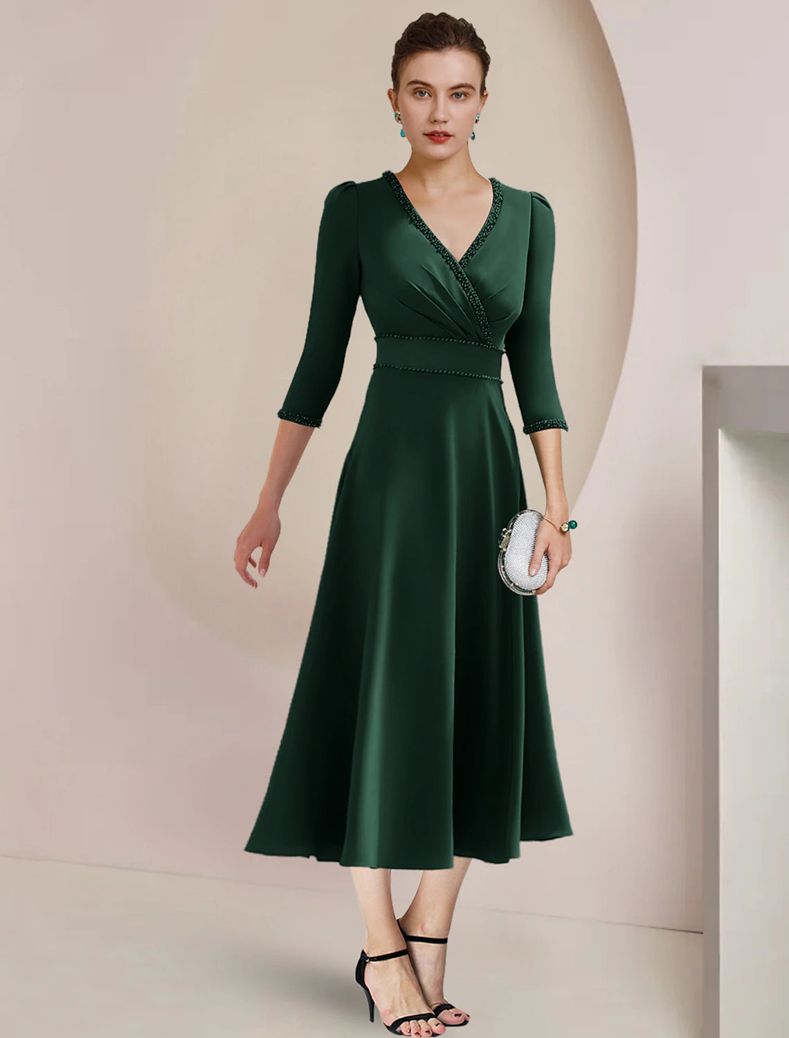 wholesale  A-Line Mother of the Bride Dress Formal Wedding Guest Party Elegant V Neck Tea Length Stretch Fabric 3/4 Length Sleeve with Beading Side-Draped