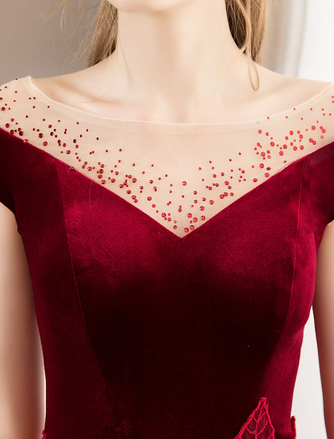 Wholesa A-Line Prom Dresses Glittering Dress Engagement Prom Floor Length Short Sleeve Jewel Neck Tulle with Pleats Crystals Pattern / Print