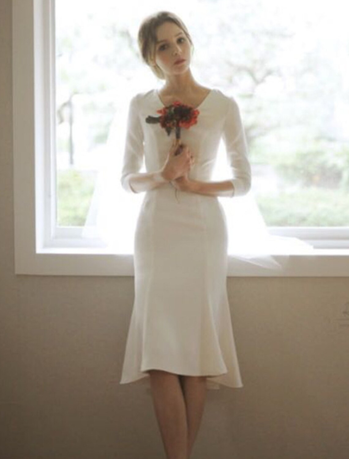 wholesale  Reception Little White Dresses Fall Wedding Dresses Mermaid / Trumpet V Neck 3/4 Length Sleeve Asymmetrical Satin Bridal Gowns