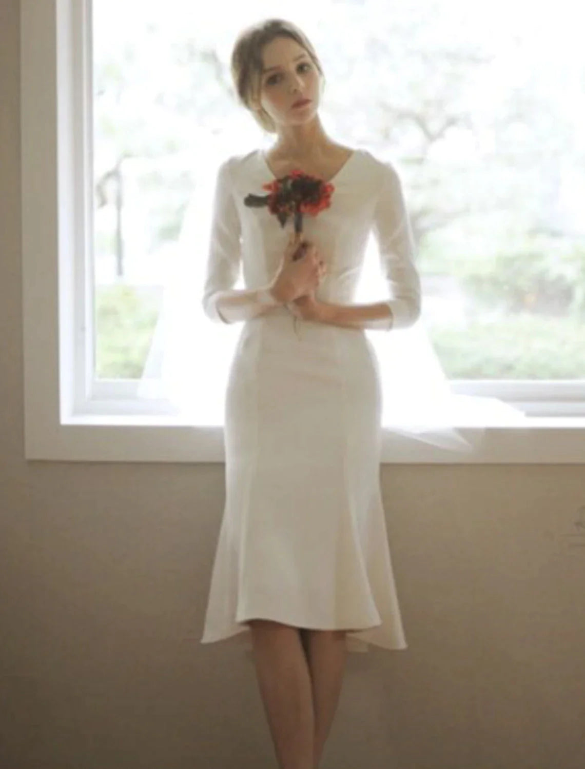 Wholesa Reception Little White Dresses Wedding Dresses Mermaid / Trumpet V Neck 3/4 Length Sleeve Asymmetrical Satin Bridal Gowns With