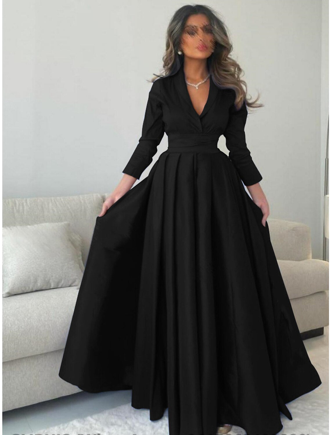 Wholesa A-Line Evening Gown Elegant Dress Formal Floor Length 3/4 Length Sleeve V Neck Satin with Pleats