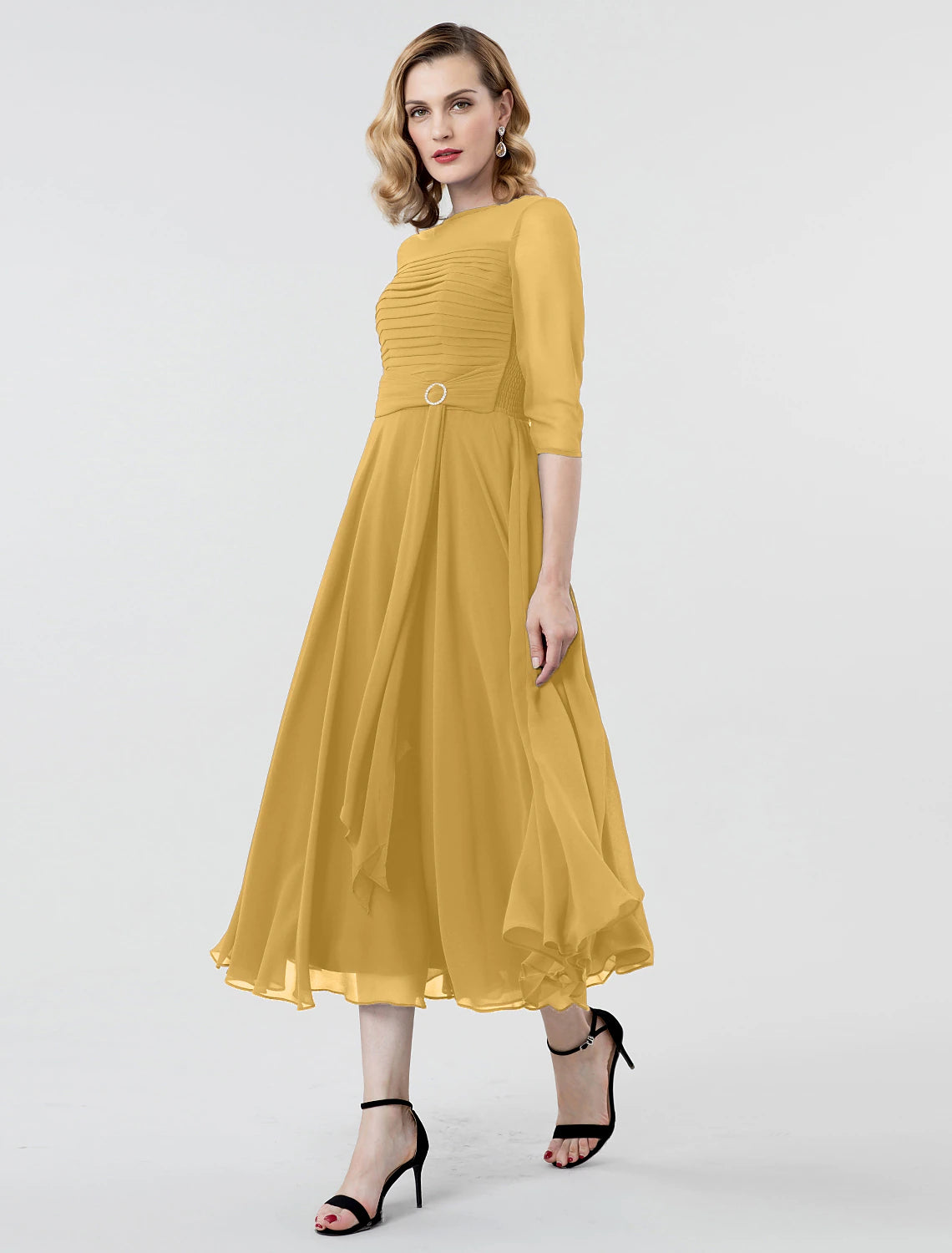 Wholesa A-Line Elegant Formal Evening Wedding Party Dress Boat Neck 3/4 Length Sleeve Tea Length Georgette with Ruched Crystal Brooch 2022 / Illusion Sleeve