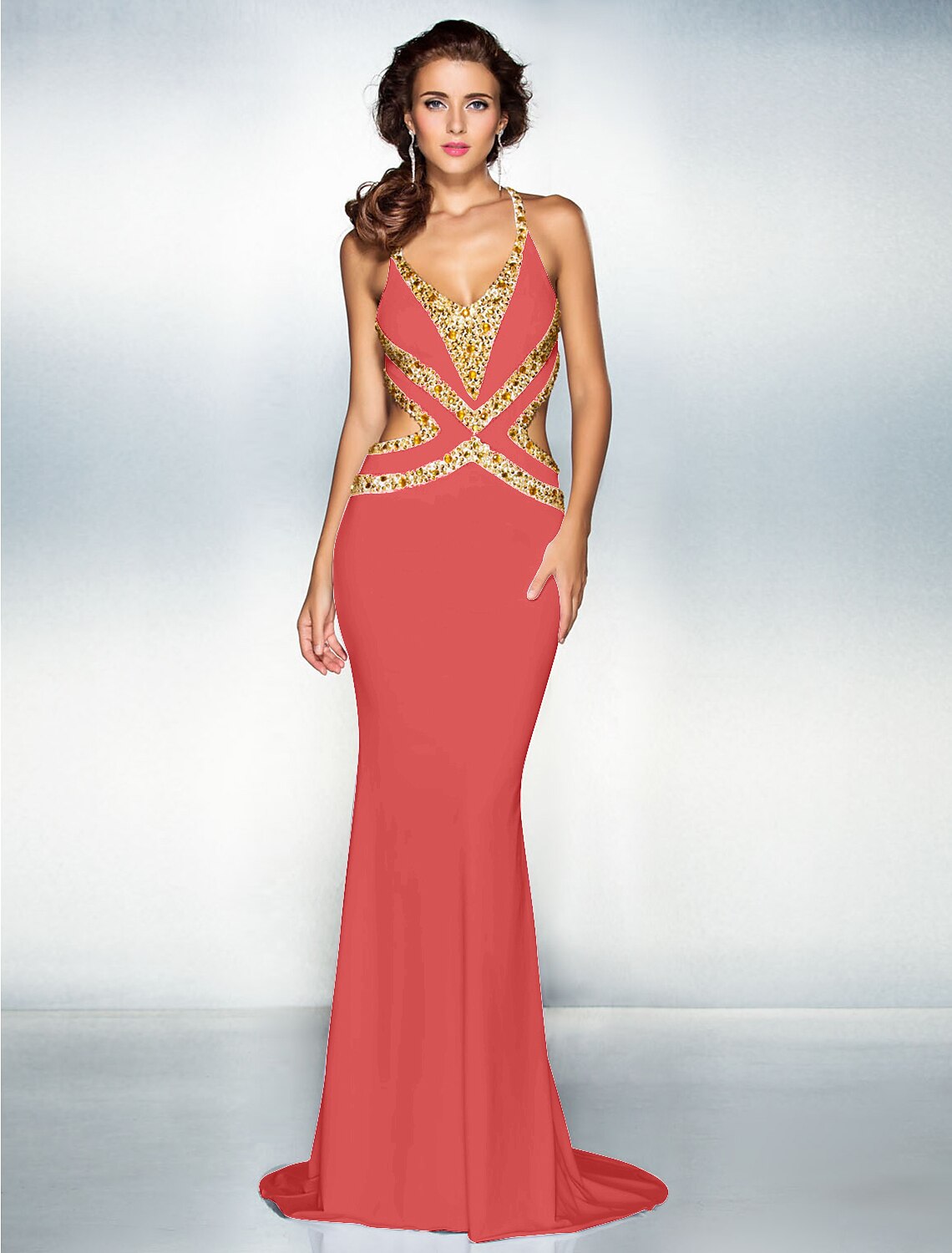 Wholesa Mermaid / Trumpet Sparkle Dress Wedding Guest Engagement Sweep / Brush Train Sleeveless V Neck Jersey Crisscross Back with Crystals