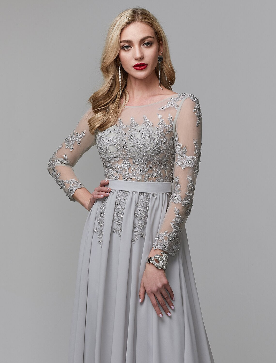 Wholesa A-Line Luxurious Engagement Formal Evening Dress Illusion Neck V Back Low Back Long Sleeve Chapel Train Chiffon with Sequin Appliques / Illusion Sleeve