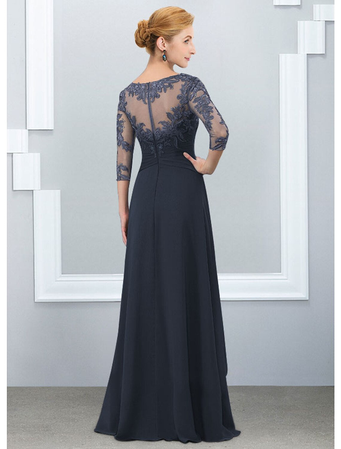 wholesale  A-Line Mother of the Bride Dress Elegant Jewel Neck Floor Length Chiffon Lace Half Sleeve with Ruffles Appliques