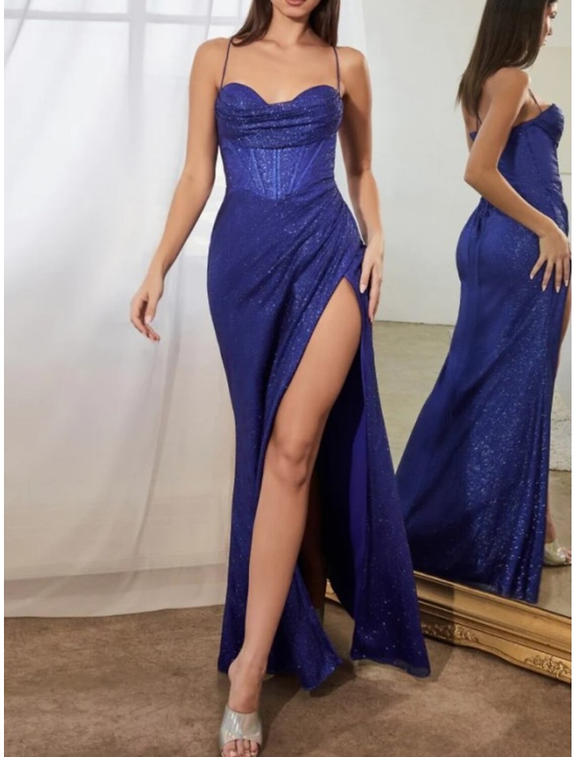 wholesale  Sheath / Column Prom Dresses Corsets Dress Wedding Party Sweep / Brush Train Sleeveless Cowl Neck Fall Wedding Reception Sequined with Glitter Ruched Slit