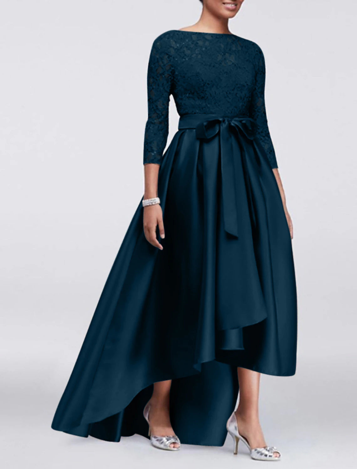 Wholesa A-Line Mother of the Bride Dress Wedding Guest Elegant Plus Size High Low Jewel Neck Asymmetrical Satin Lace 3/4 Length Sleeve with Sash / Ribbon Appliques