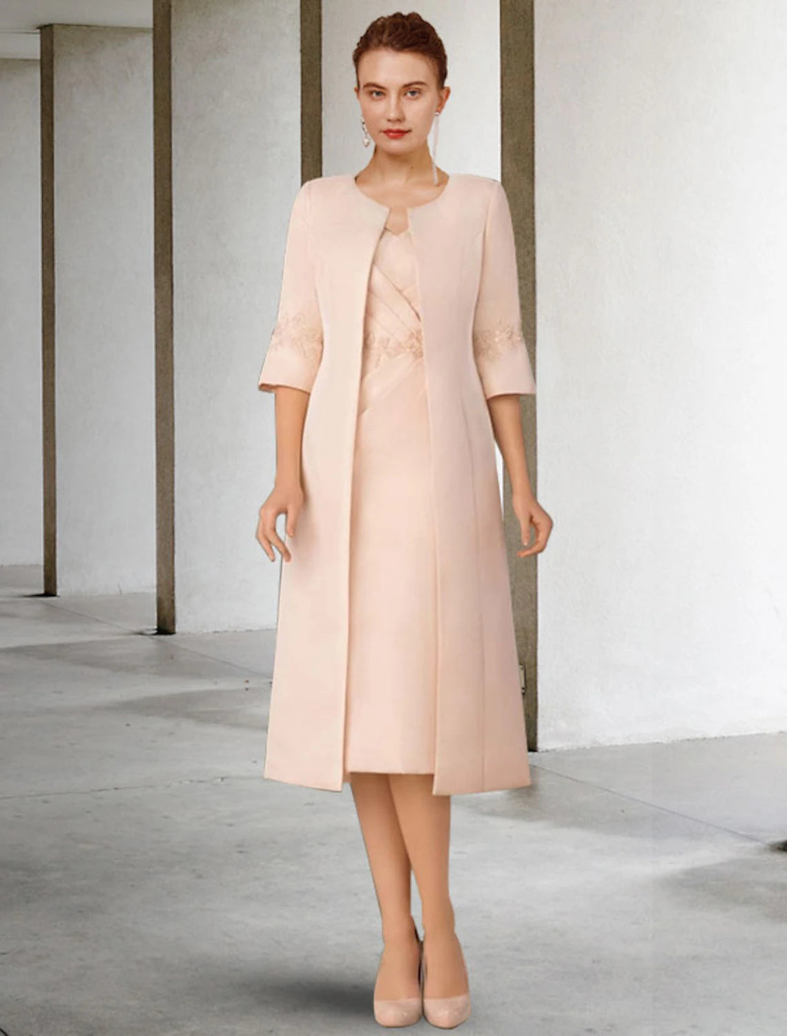 wholesale  Two Piece Sheath / Column Mother of the Bride Dress Church Elegant V Neck Knee Length Lace Stretch Chiffon Short Sleeve Jacket Dresses with Appliques Side-Draped