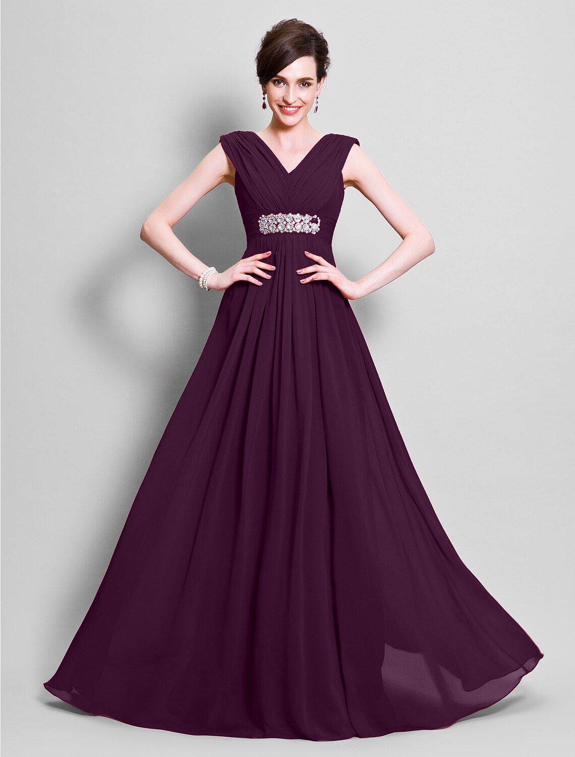wholesale   A-Line Mother of the Bride Dress V Neck Floor Length Chiffon Sleeveless with Beading Side Draping